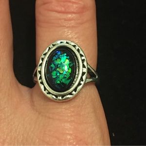 Oval Mystical Green and Blue Sparkle Stone Ring
